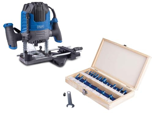 Scheppach Défonceuse WRT1200 avec 20 pièces de fraisage | 11 000-30 000 tr/min | 1200 W | Profondeur de fraisage 55 mm | 2 pinces de serrage 6/8 mm | Extraction de poussière | Butée de profondeur