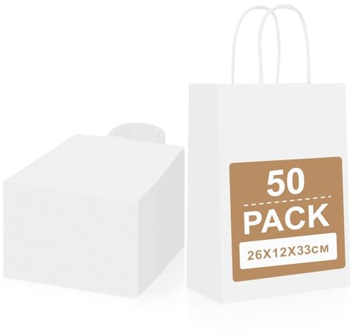 Gucass 50 Pezzi Grandi Sacchetti Carta con Manici, Bianca Borse Carta Kraft Sacchetti da Regalo Carta, 26x12x33cm, Shopper in Kraft Carta Borsa Regalo, per Feste Compleanno Natale Matrimoni Shopping