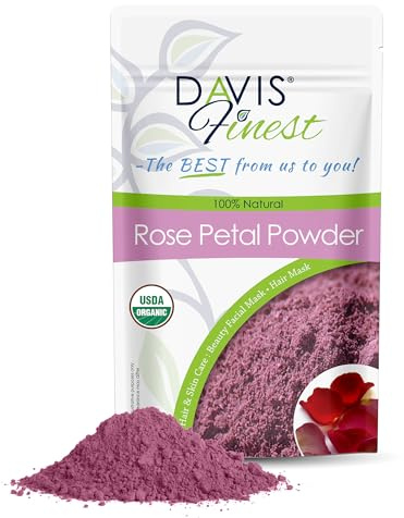 Davis Finest Poudre de pétales de rose biologique, visage, cheveux et peau, pure et naturelle, masque facial, pack visage, parfum naturel de rose (250 g)