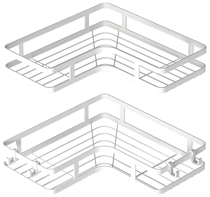 Estante de Ducha Sin Taladrar, Paquete de 2 Unidades, Color Blanco, Estantería de Esquina para Baño Con 4 Ganchos, Soporte para Champú, Organizador