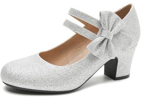 Enelauge Women's Mary Jane Heels Bow Retro Closed Round Toe Pumps Sweet Ankle Strap Block Heels Bowtie Vintage Dress Wedding Shoes Silver Glitter 46-12US