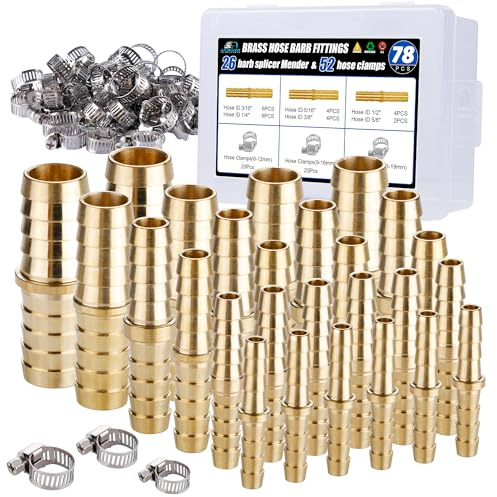 Ailbiuko 26 raccordi in ottone per tubi flessibili, raccordi per tubi flessibili da 3/16 1/4 5/16 3/8 1/2 5/8 con 52 fascette stringitubo in acciaio inox per tubi aria/carburante/acqua/olio