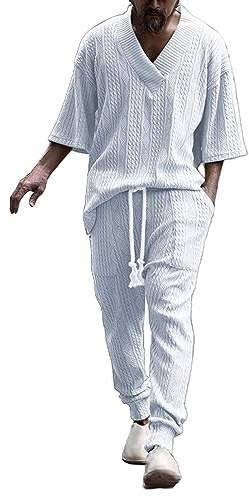 2 Teiliges Sportanzug 2 Stück Strickanzug Herren Pullover Anzug 3-4 Ärmel Gestrickt Sweatshirt und Hosen Zweiteilige Strickpullover Lose 2-teilig Einfarbig Freizeitanzug Sportanzug Trainingsanzug Set