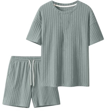 2 Teiler Herren Sommer Bequem Anzug Fitness Kleidung Herren Tracksuit Mode Leinen Anzug Leinenanzug Strand Outfit Herren Freizeitanzug Hausanzug Mit Shorts T-Shirt Und Shorts Set Herren（Himmelblau，S）