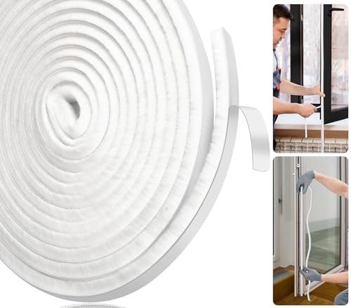 Joaercs Burlete para ventanas, burlete para puertas, 10 metros de largo x 9 mm de ancho x 5 mm de alto, tira autoadhesiva de sellado de cepillo, para puertas, ventanas, armarios, color blanco