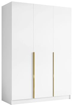 Mirjan24 Kleiderschrank Cikzori I mit 3 Türen (Weiß + Gold) | Drehtürenschrank mit Kleiderstange, geräumigen Innenfächern und Soft-Close-Scharnieren, B/H/T: 150/215/58 cm