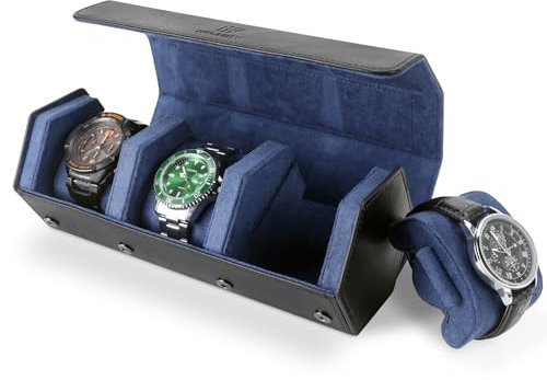 HELMDY Uhrenrolle 3 Uhren, Uhrenbox 3 Uhren für Herren, Uhrenaufbewahrung 3 Uhr, Tragbare Reise Uhrenbox PU Leder Watch Box(Schwarz/Blau)