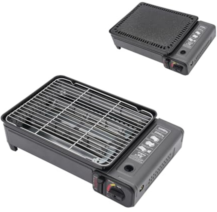Camping Gasgrill Klein, Tragbarer Butan Gasherd, Tragbarer Tischgrill Gas mit Grillnetz, Grillpfanne und Anderes Zubehör, Butan Gasherd mit Kasten für Camping, Reisen, Trekking und Kochen im Freien