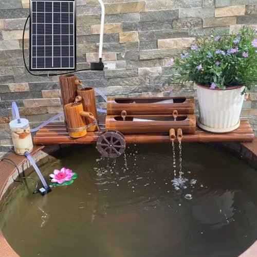 Décoration de Jardin pour l'extérieur, Fontaine Solaire en Bambou avec Roue à Eau éolienne et Pompe à Eau, kit de Fontaine Solaire en Bambou, Fontaine de Jardin en Bambou, Panneau