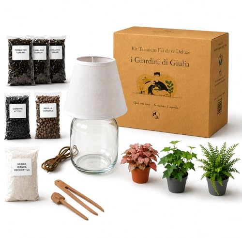 I Giardini di Giulia | Kit Terrarium Lamparium Pequeño y Plantas Verdes | Jarrón de cristal Ø22 cm con pantalla incluida | Incluye sustratos, accesorios y terrario DIY
