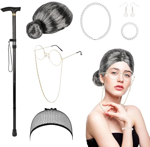 8tlg Oma Perücke, Old Lady Kostüm Großmutter Cosplay Zubehör Set, Rentnerin Kostüm mit Brille Brille mit Kette Stock Perlenkette Armband Ohrringe, für Fasching Maskerade Cosplay Köln-Karneva Party