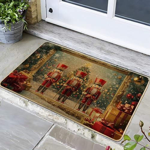 Tapete de Navidad con cascanueces, tapete rojo para puerta de entrada al aire libre e interior, decoración de invierno, de goma, lavable, antideslizante, para entrada frontal de Navidad, 29 x 17