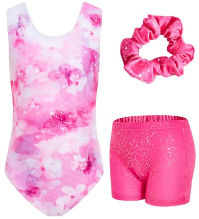 JiAmy Gymnastikdräkt för flickor, ärmlös dansdräkt, glittrande dräkt med shorts, cykelbyxor, balletdräkt, outfit för flickor 3–12 år, 5-6 år