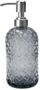 Distributeur de savon en verre - 400 ml - Avec pompe en acier inoxydable - Gris - Distributeur de lotion liquide - Distributeur de lotion - Pour salle de bain, cuisine, plan de travail, buanderie