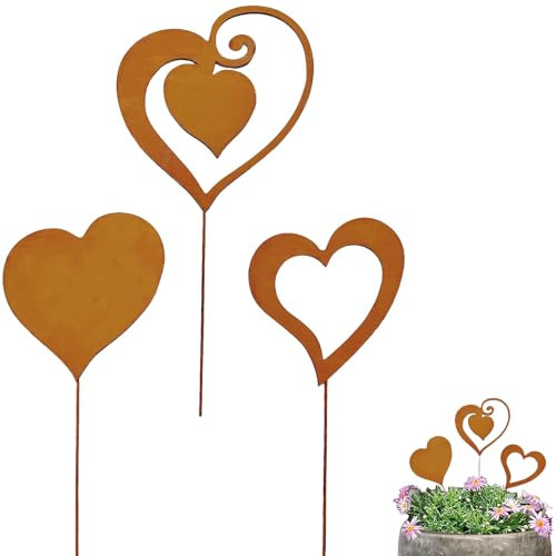 Gartenstecker Rost Herzen Gartendeko für Draußen Wetterfest Rostdeko Gartenschilder Blumenstecker Metall Roststecker Deko Garten Balkon Blumenkasten Edelstahl Vintage Dekoration Grabschmuck
