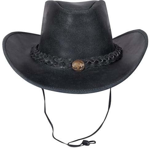 URBAN 5884 Äkta läder cowboyhatt, herr/dam äkta kohud västerländsk hatt, formbar brätte och justerbar hakrem, Grå, M