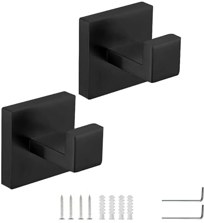 txuzong Colgador Toalla Baño 2 Piezas - Ganchos para Toallas de Acero Inoxidable Negro, Soporte Cuadrado, Ideal para Baño, Cocina y Oficina, Incluye Herramientas de Instalación