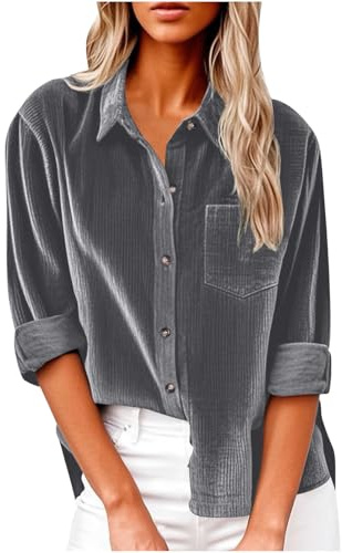 Dyhxuan Cordhemd Damen Button Down Langarm Cordbluse Elegant Frauen Hemd Cordjacke Einfarbig Hemdjacke Corduroy Dünne Jacket V-Ausschnitt Langarmshirt Casual Blusenshirt Frauen Hemdbluse Oberteile