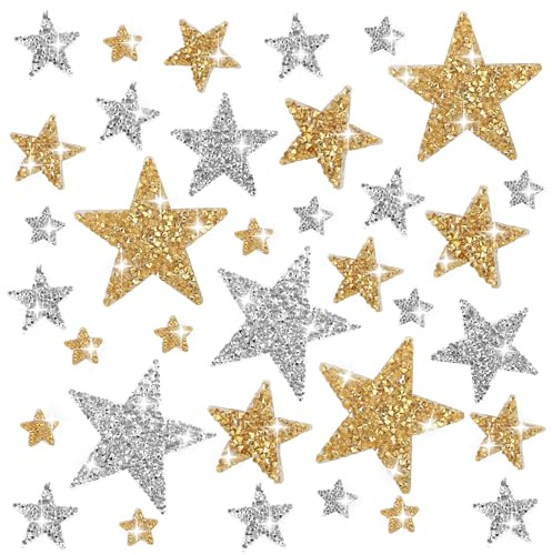 Tyqour 24 stycken stjärnstrykningsbilder stjärnor att stryka på guld silver stjärna patchar att stryka på 8/6/4/2 cm glitter strass strykbilder stjärnor lappar för kläder t-shirt gör-det-själv