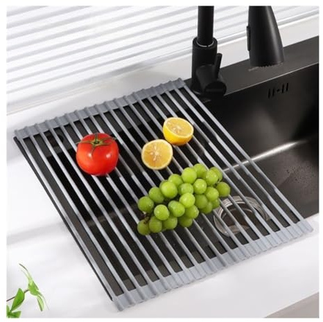 Escurridor de platos expandible de 43/52 cm, resistente al calor, antideslizante, multiusos, enrollable para encimera (gris, 43 x 33 cm)
