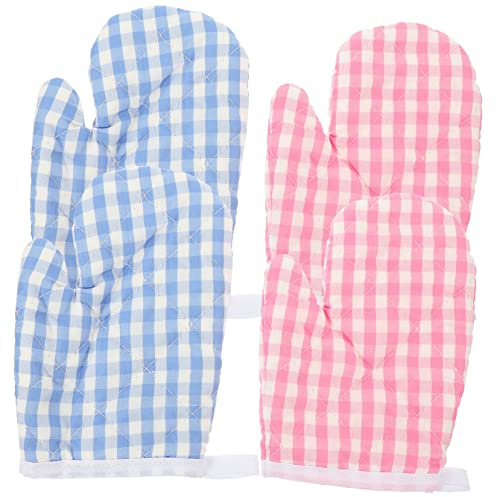 BAZEITFLOW Boys and Girls Insulated Oven Mitts and Anti-scald Microwave Gloves, 4pcs Set Blue and Pink Plaid, Heat-resistant Baking Gloves for Household Kitchen and Oven Use