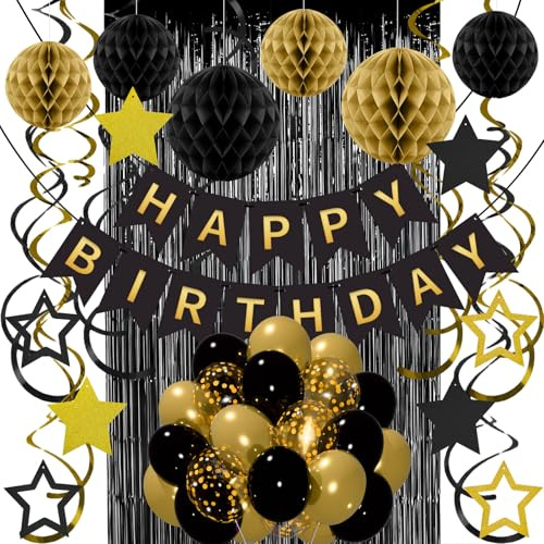 Geburtstags Dekoration Set, Schwarz Gold Wiederverwendbare Geburtstagsdeko für Männer Frauen Jungen Mädchen- Happy Birthday Girlande Wabenball Luftballons Stern Hängende Streamer Vorhang Glitzer