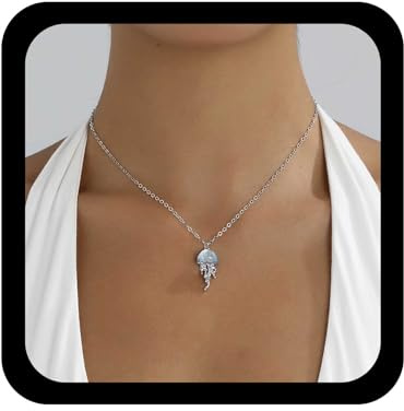 TseenYi Bohème Quallen Anhänger Halskette Silber Mondstein Quallen Halskette Niedlich Seajelly Choker Halskette Einstellbar Meer Tier Kette Halsketten Charme Schmuck Für Frauen