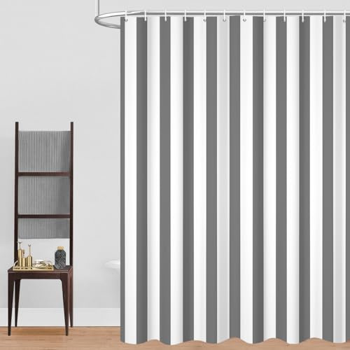 GCIREC Duschvorhang, 180x200cm, Grau und Weiß Moderner Minimalismus Vertikale Streifen Wasserdichter Stoff Maschinenwaschbarer Badezimmervorhang mit Haken