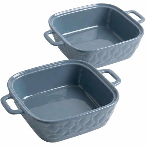 Morandi Blue Square Ceramic Baking Dish Set 2 with Double Handles, 28x19.3x6.5 cm Lasagna Pan, Oven-Safe Casserole Dish, Ribbed Texture, 1.2L Capacity