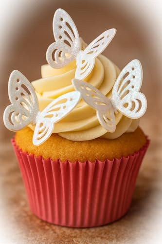 Doodylou Edible Pearlescent Sparkly White Butterfly Cake Decorations | Wedding or Christening Butterfly Wafer Toppers Cupcake Decorations Pack of 24