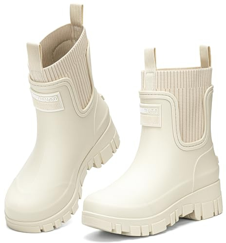 FOGOIN Women Chelsea Rain Boots Mid-Calf Waterproof Lightweight Non-Slip Garden Booties Warm Lined Comfortable Slip On