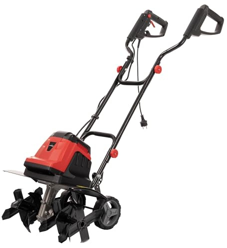 LEHMANN Elektro Bodenhacke, 1800 W, Motorhacke mit 45 cm Arbeitsbreite & 22 cm Arbeitstiefe, 24 Messer, klappbarer Holm, Gartenfräse mit Transporträdern zum Umgraben und Auflockern, Rot/Schwarz