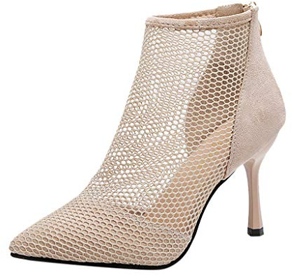 Klackskor damer stängda, sandaler damer sommar med klack, svarta kvällsskor mesh, ventilerande sandaletter, dragkedja, festsandaler, fashionabla höga klackar, sandaler, spets, dansskor, Beige, 34 EU