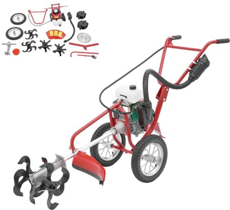 63cc 4 hk bensinmotorhugg, trädgårdsfräs bensin, markfräs, 4-takts bensinmotor, 240 varv/min, tre funktioner: klippning, jordbearbetning och grävning, luftkyld, röd