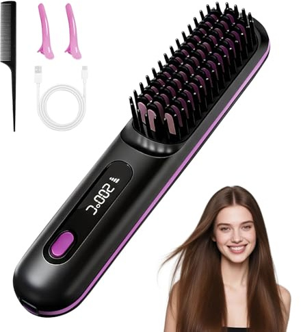 Brosse Chauffante Sans Fil Portable Mini Lisseur Cheveux Court Barbe | avec 3 Températures affichage LCD Peigne Lissant Céramique Anti-Brûlure pour Voyage Retouches Rapides Femme All Hair Type