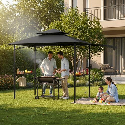 PEILU Cenador para barbacoa independiente con protección solar, doble techo, 2 estantes laterales y toldo extensible, cenadores de jardín resistentes a la intemperie para jardín y barbacoa exterior