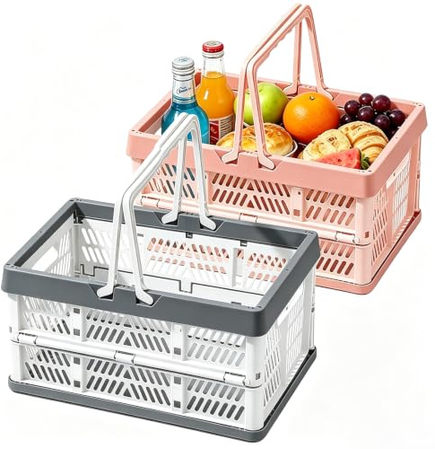 2 stycken små hopfällbara lådor, hopfällbar låda vikbar med handtag, stapelbara och utrymmesbesparande, vikbar förvaringslåda för kök, badrum, kontor, sovrum och garderober (rosa + grå, L-19 l)