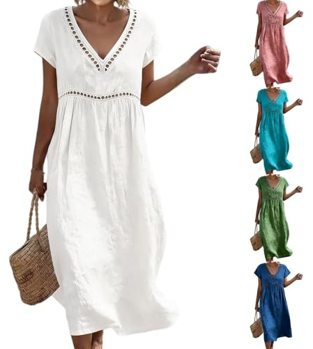 Générique Robe Longue Femme Fluide Ete Boheme Chic Blanche Robe Gaze De Coton Femmes Col V Unie Tenues éLéGante Tunique Plage Vetement Femme Grande Taille Robes Casual pour Loisirs Vacances Bureau