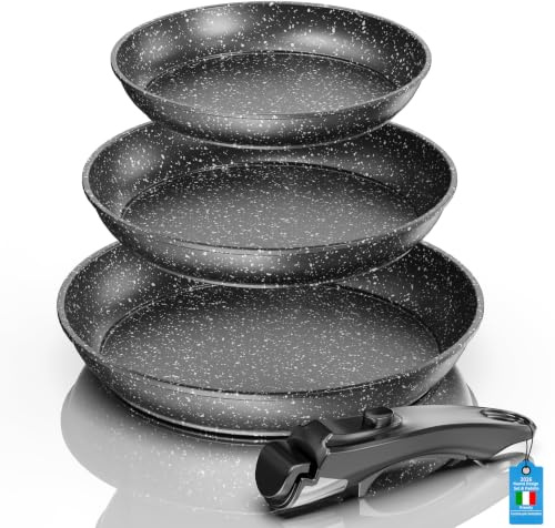 Kiseely Set di 3 Padelle Antiaderenti,un Manico Removibile,Rivestimento Antiaderente,Padella Sana e Atossica,Induzione e Gas,lavabile in lavastoviglie. (ED2)