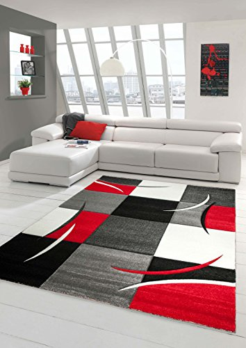 Traum Sala de Estar diseñador Alfombra Alfombra contemporánea, alfombras de Pelo bajo con el patrón de Contorno de Corte de Diamante Rojo del Blanco Gris Negro Größe 80x150 cm
