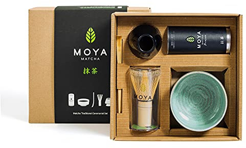 Moya Matcha Grönt Te Set Ekologiskt | 30g Premium Klass (I) Förpackning + Skål + Visp + Hållare + Sked | Premium Matcha Te Ceremoniell Klass Present Pulver Komplett Förberedelse-Set