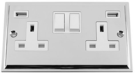 USB Socket 2 Gang - Polished Chrome - Victorian - White Insert Plastic Rocker Switch - 13A Double Wall Plug USB Socket 3