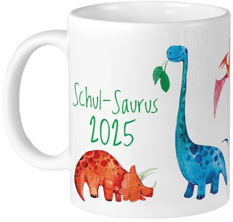 GRAZDesign Tasse Einschulung Geschenk Schulkind 2025 - Dinosaurier Schul-Saurus - Kindertasse personalisiert Name und Datum, Geschenkideen für Schulanfänger Keramik weiß 330ml