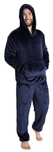 CityComfort Pyjama Homme, Ensemble De Pyjamas en Polaire Douce avec Pantalon Taille Élastique Et Pull à Capuche en Pilou Chaud, Idée Cadeau Ado ou Adulte (Bleu Marine, L)
