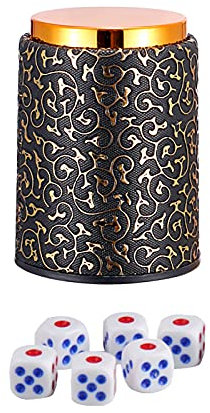 1 Set Würfelbecher Würfelbecher Würfelbecher Würfel-Shaker goldenes Top Design Reise Pub schwarz Leder Kunststoff mit 6 Würfeln