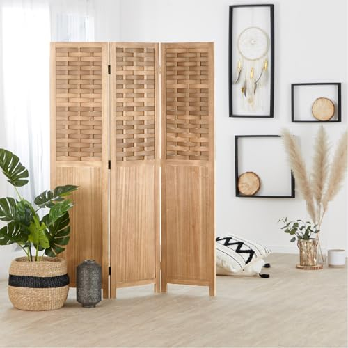 Homestyle4u 2019, Paravent Raumteiler Holz Hell Braun 3 teilig Rattan Optik Trennwand Sichtschutz