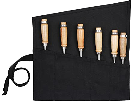 Werkzeugrolltasche mit 6 Einsteckensfächer, gewachstes Segeltuch, Rolltasche für Stechbeitel, Hämmer, Fishing Jigs, Tranchiermesser (schwarz)