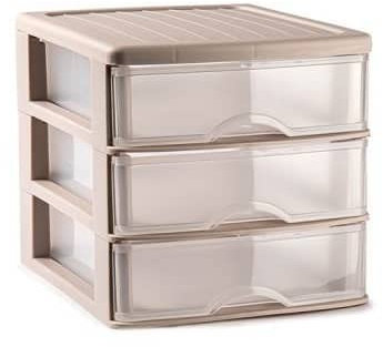 CABLEPELADO Torre de almacenamiento con 3 cajones sobremesa, Organizador de escritorio, Caja de almacenamiento de escritorio,18 cm alto x 17.7 cm ancho x 21.5 cm fondo, Beige y cajones transparentes