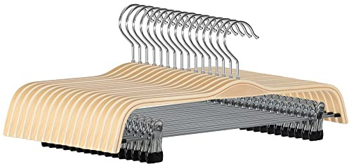 JS HANGER byxhängare i trä, 16-pack lättvikts klädhängare i trä med rostfri krok och 2-justerbara klämmor