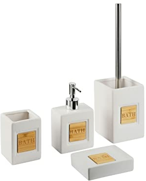 Badezimmer Set beige/Heller Holzfarbton 4-teilig Dolomit mit Aufschrift Kourou